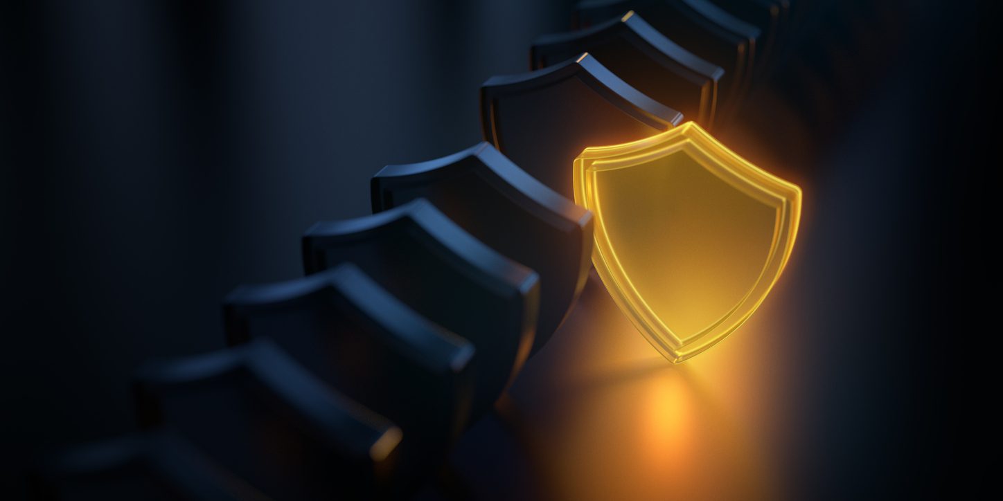 Security concept. Glowing shield icon. Modern futuristic technology background. 3D render