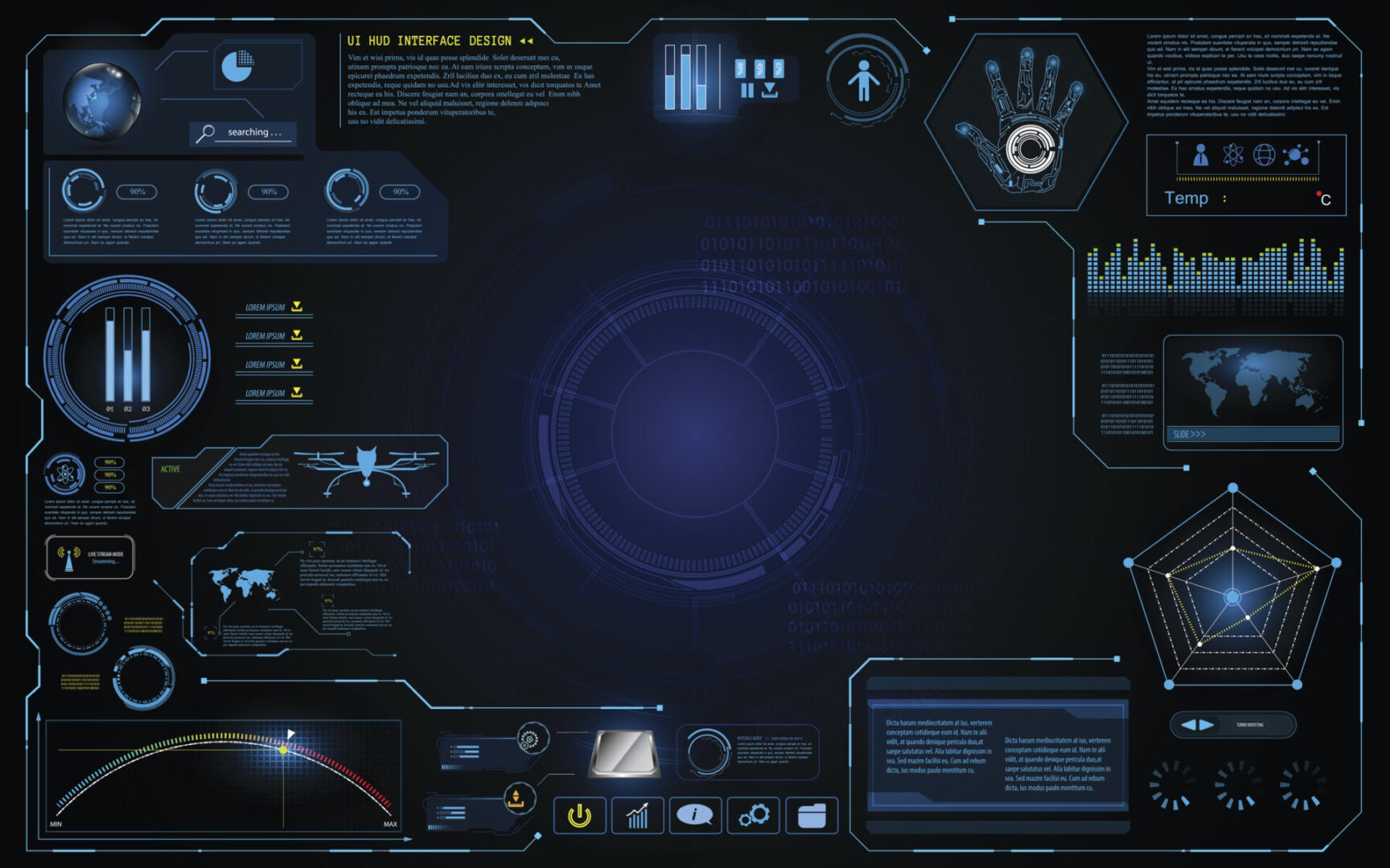 hud; interface; UI; user interface; graphic; system; technology; aircraft; photography; tech; innovation; location; working; sci fi; banwidth; cyberspace; screen; monitor; concept; global; world map; drone; fly; security; wireless; corporate; identity; hand; science; statastics; online; loading; connect; network; connection; internet; computer; circular, infographic; management; control; button; processing; space; composition; frame; blue; gradient; theme; vector; illustration; power; download; target; focus; intelligence,